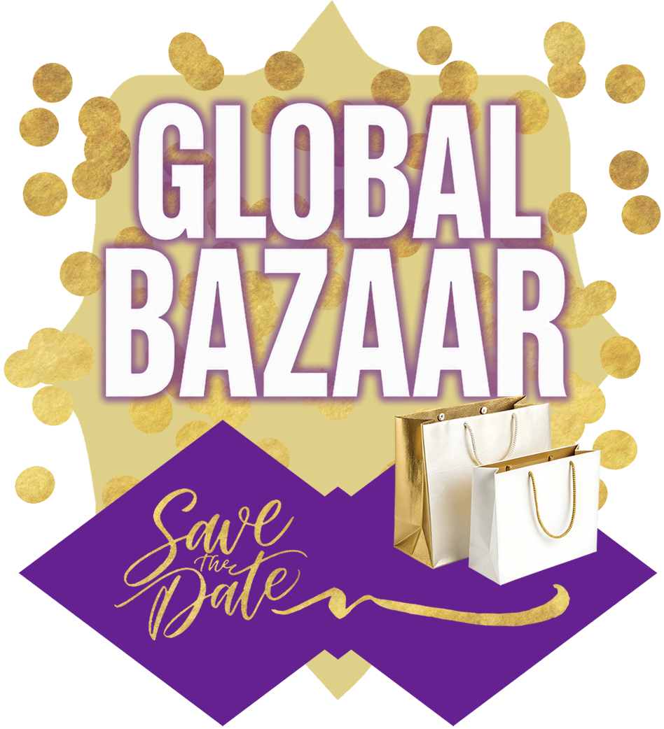 Global Bazaar, Save the Date image decorated with gold confetti sprinkles and coordinated shopping bags
